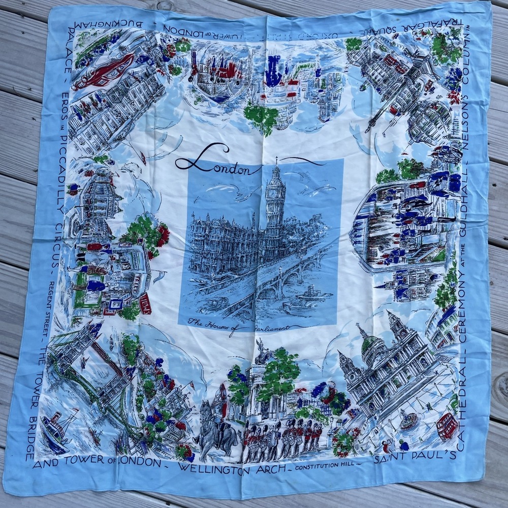 Vtg 50's/60's London Landmarks Souvenir Blue Scarf 31x33" Bag Accessory